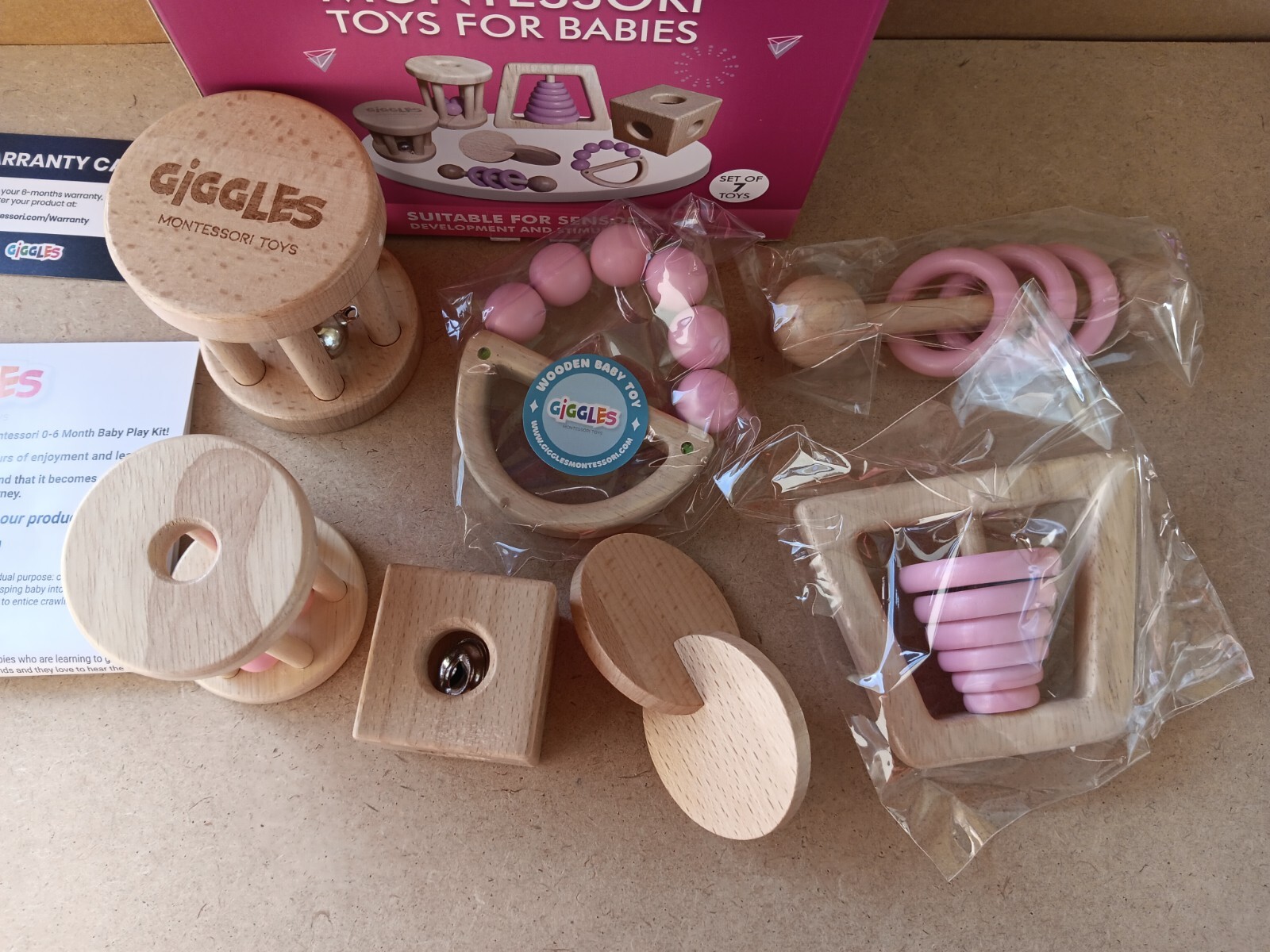 2) Giggles PINK & BLUE Wooden Montessori Toys For Babies 0-6 Months (7 Toys) NEW