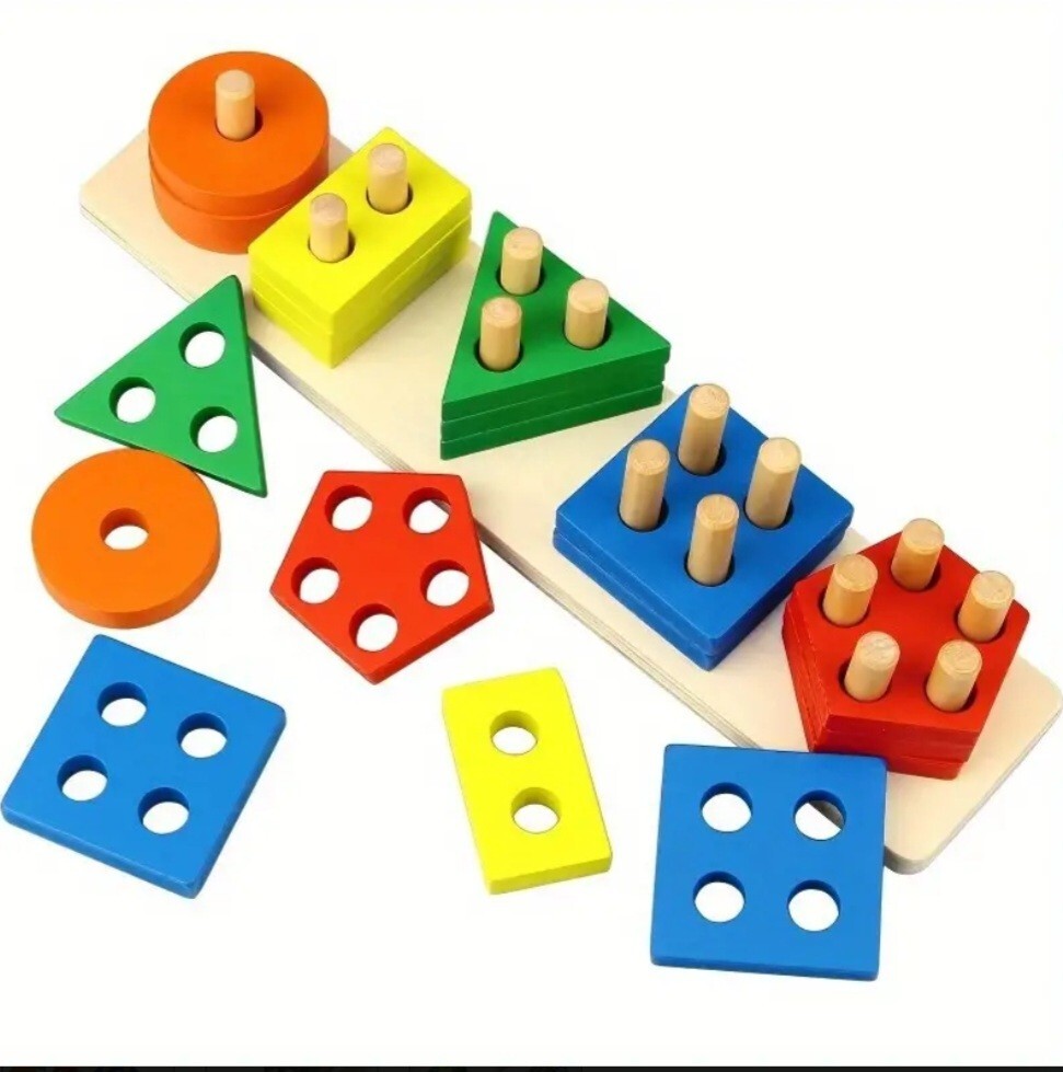 Wooden Educational Toy Sorting By Color Shape Stacking Puzzle 3+ Toddler
