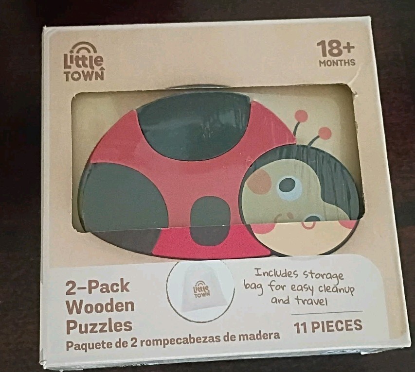 Little Town 2-Pack Wooden Puzzles 11-Piece Lady Bug & Insects, 18+ Months