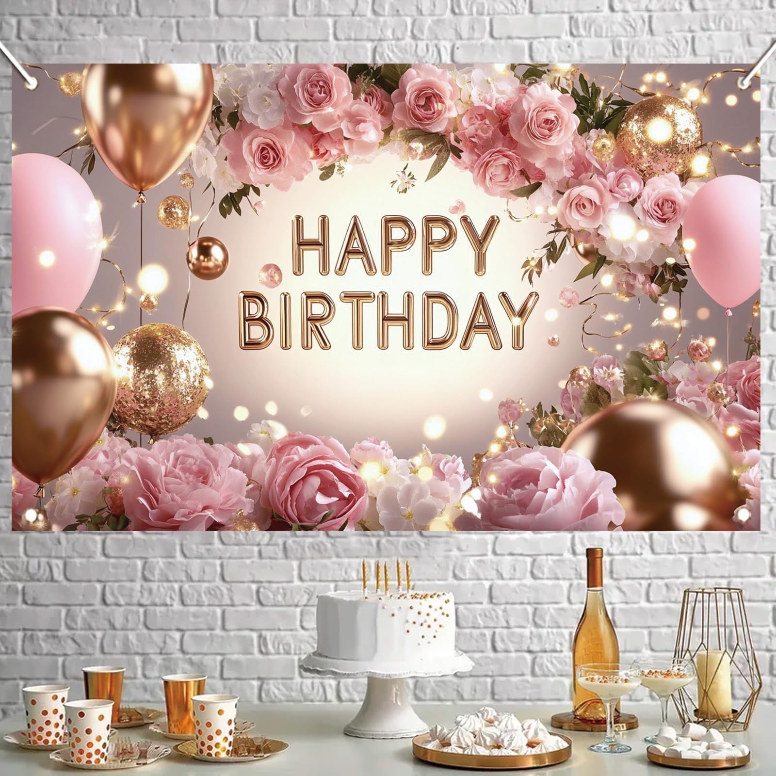 Pink Rose Happy Birthday Backdrop Banner Gold Glitter Crown Photography Backg…