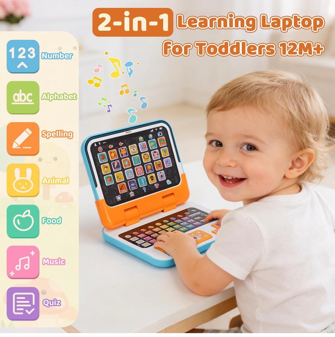 2-in-1 Educational Learning Laptop Toy for Toddlers 1-3yrs Detachable Tablet