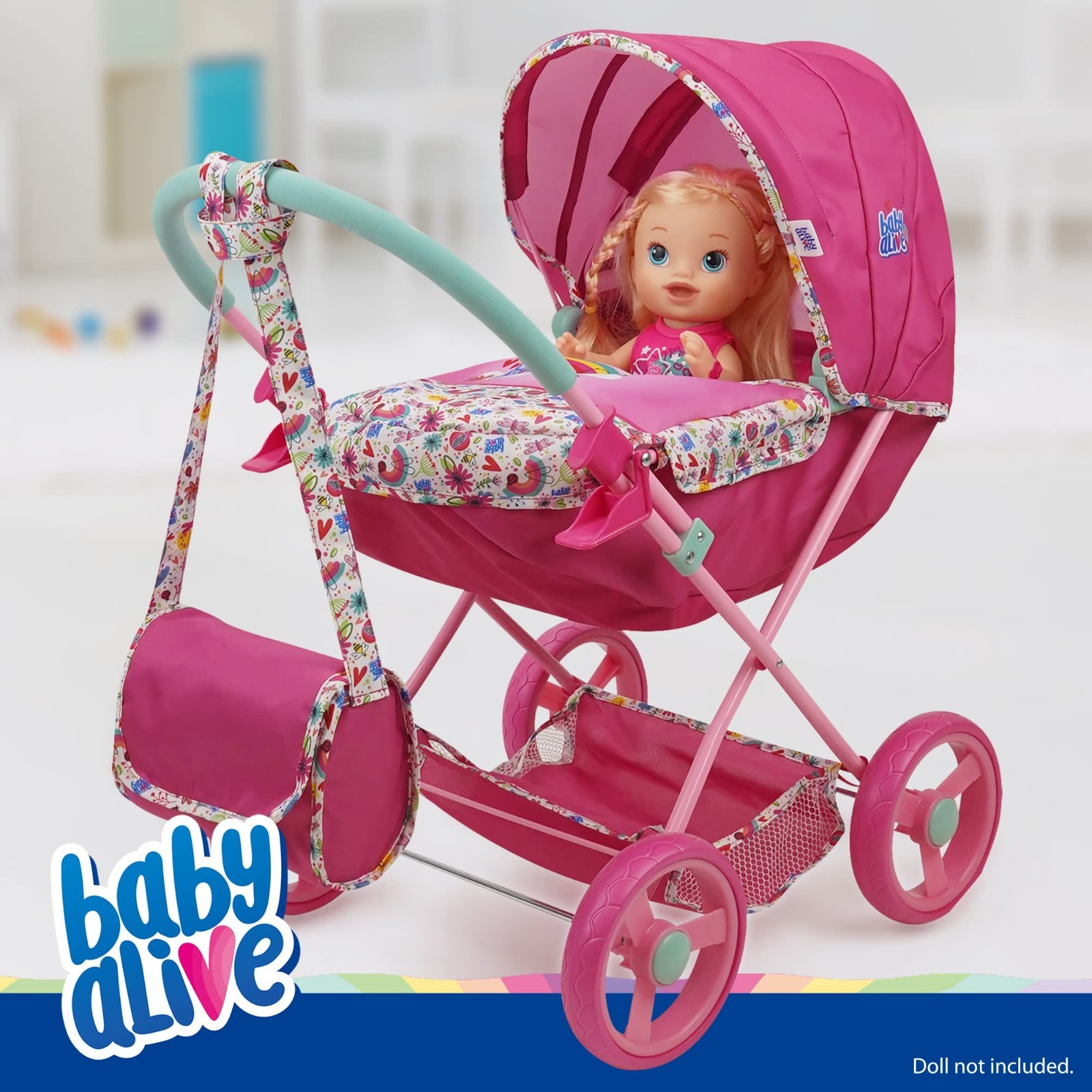 Deluxe Baby Doll Pram – Pink & Rainbow, Fits 18″ Dolls, Large Canopy, Storage Ba