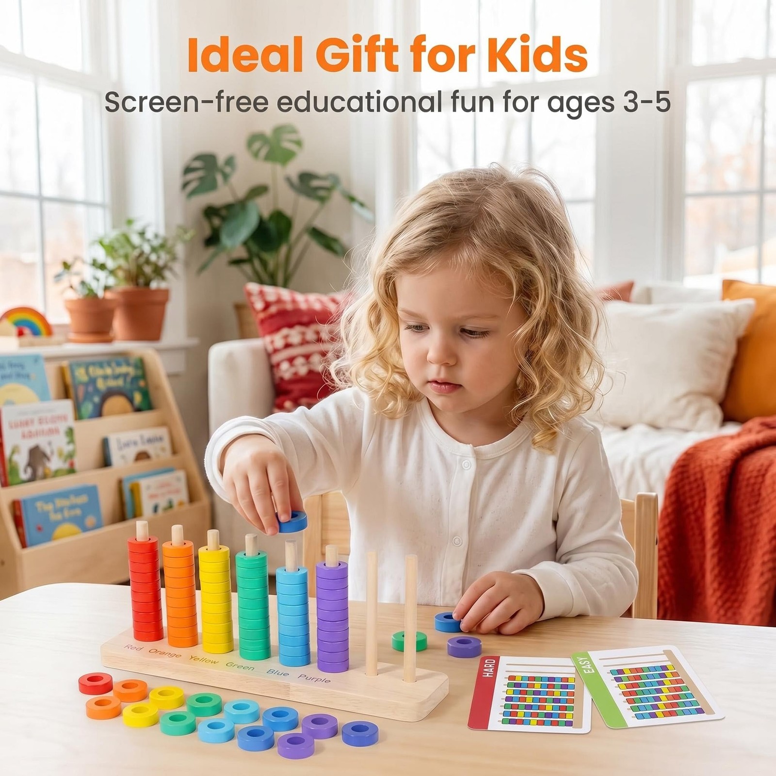 Color Sorting & Stacking Game with Challenge Cards for , Wooden Color Matchin…