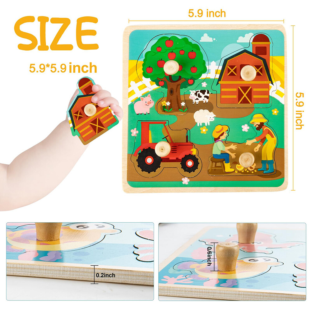 4 Pack Wooden Puzzles For Toddlers Baby Kids 1-3, Animals, Dinosaurs, Fruit
