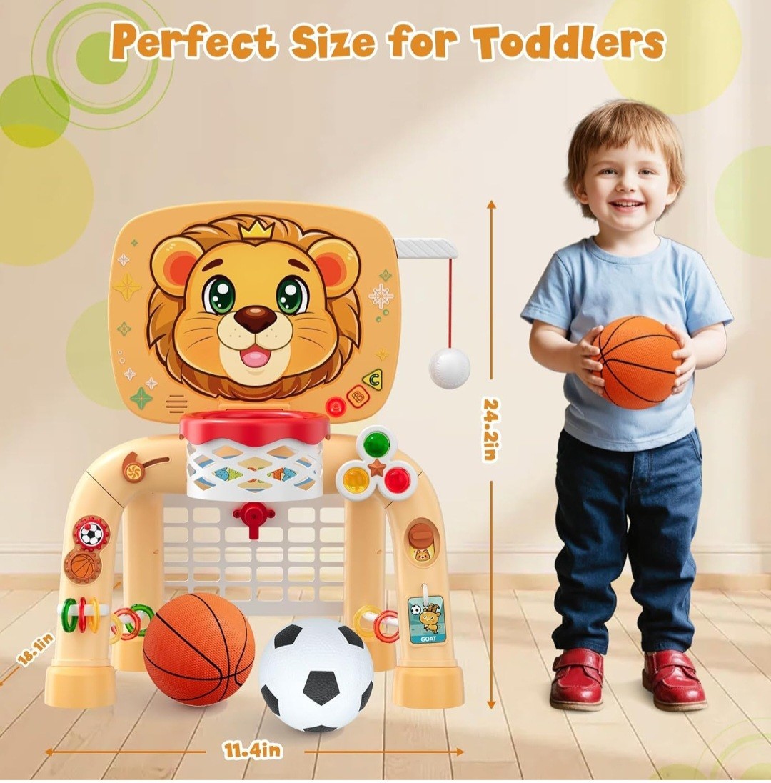 HYES Toddler Basketball Hoop Tball Set & Soccer Goal – Lion Sport Toys for 1…
