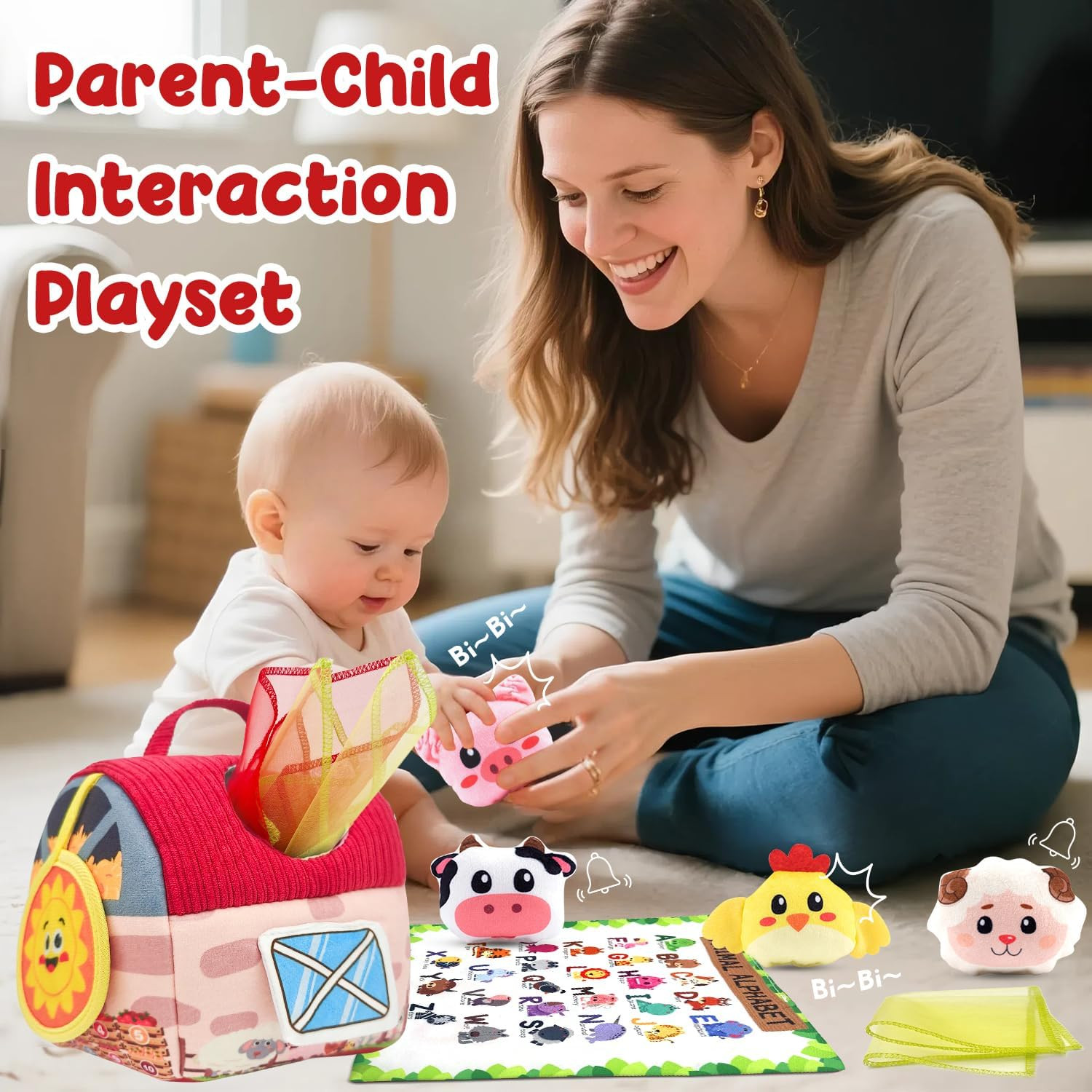 Baby Toys 6-12 Months, 11PCS Surprise Barn Toy with Stuffed Farm Animals, Rattle