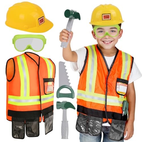 Kids Tool Set for Boys Girls 3-5 Years, Construction Worker Costume with Hat,