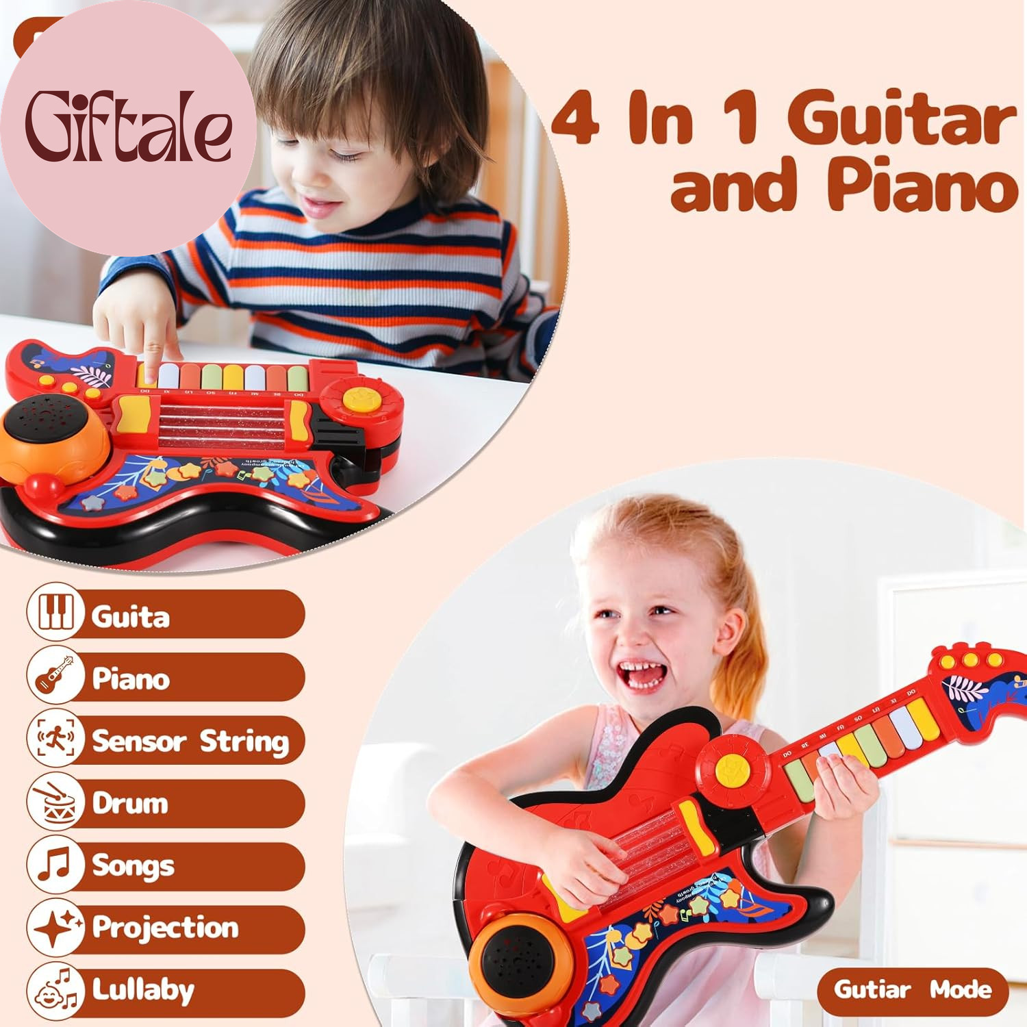 Kid Guitar, 4 in 1 Toddlers Guitar and Piano Guitars for Kids 3-5 with Strap Gui