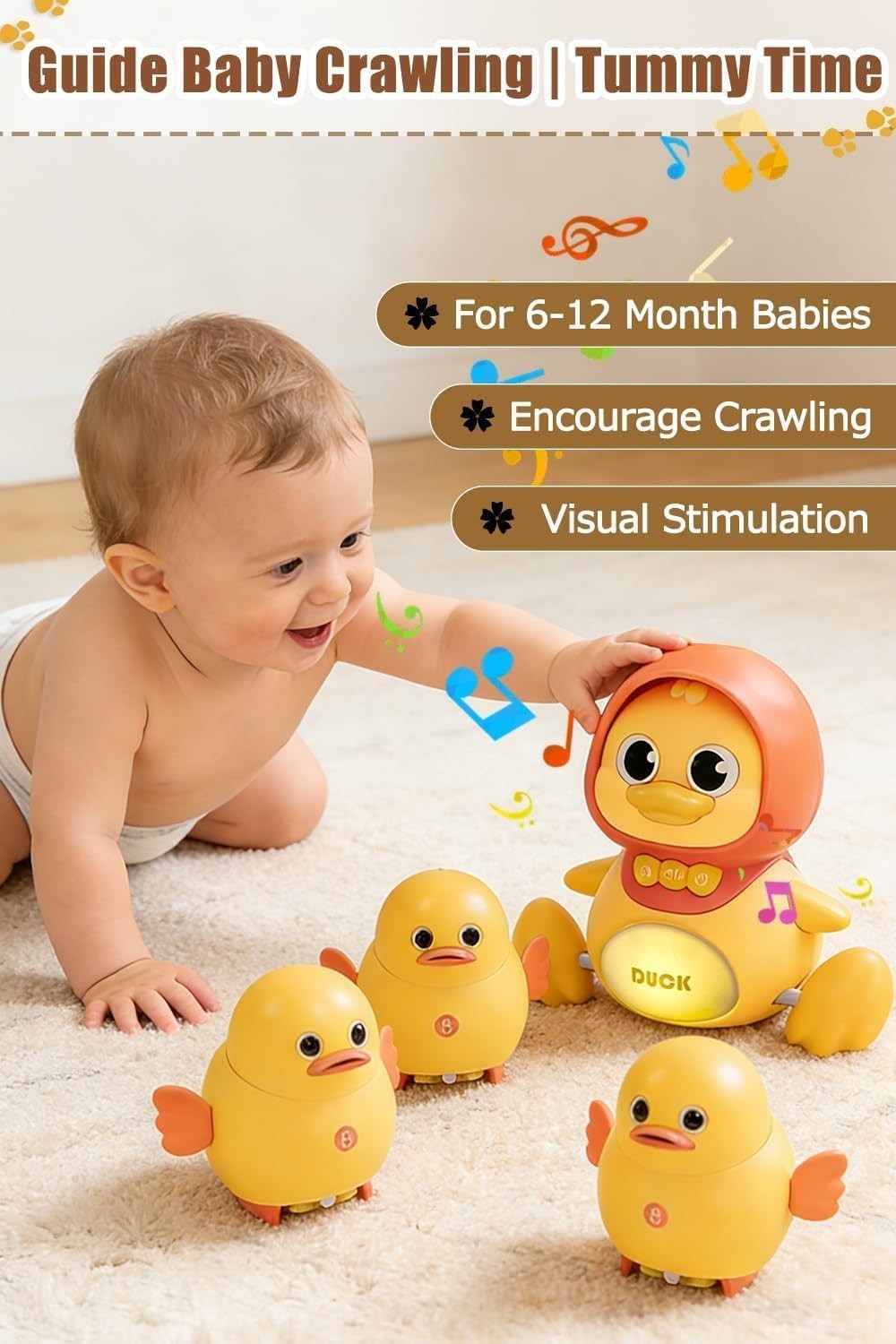 Baby Toys 6-12 Months Set of 4 Magnetic Ducks Family, Tummy Time Toys with Music
