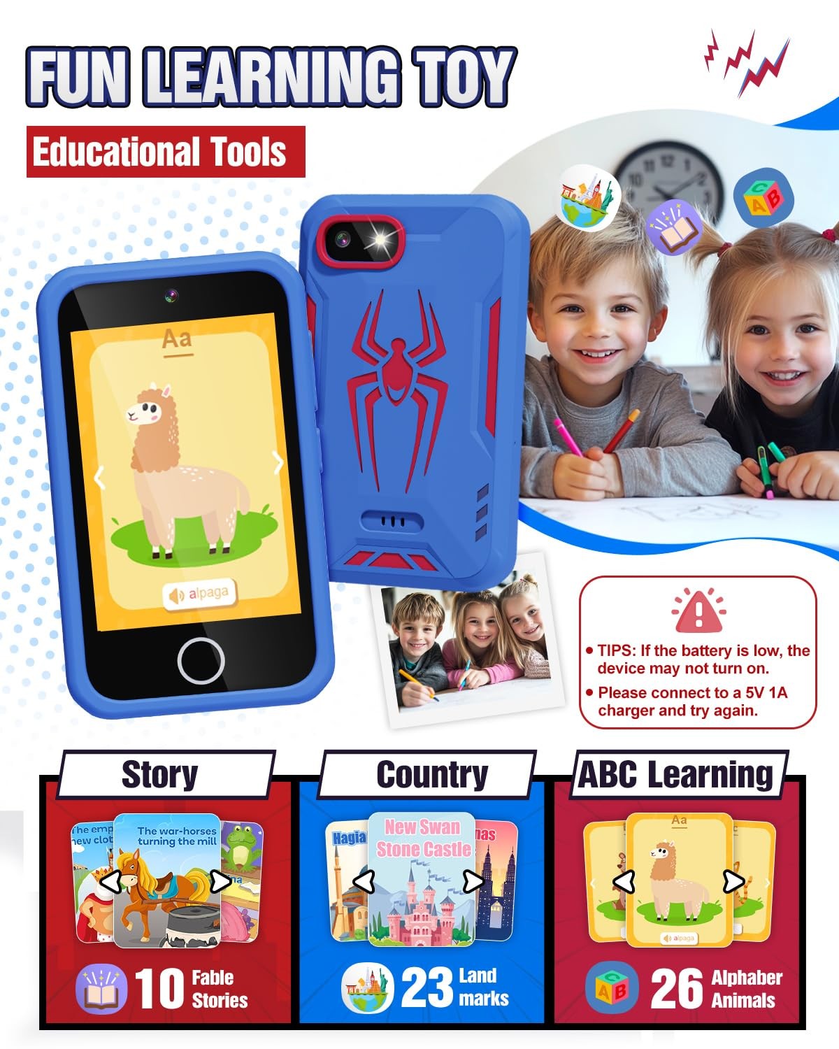 Kids Smart Phone, Spider Toys Phone for Boys 3 4 5 6 7 8 Years Old, Dual Camera,