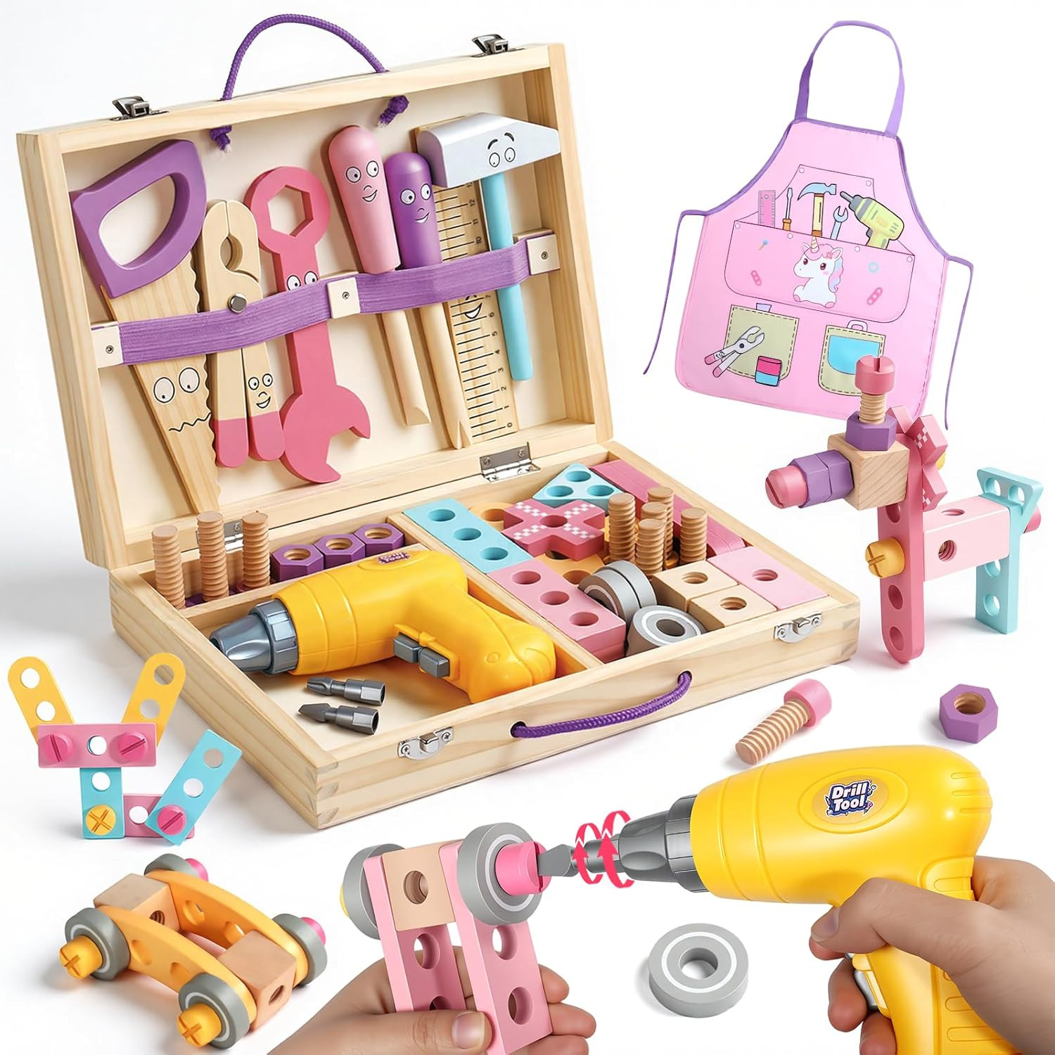 Pink Wooden Kids Tool Set with Drill 44Pcs Educational Montessori Toys for 3 Yea