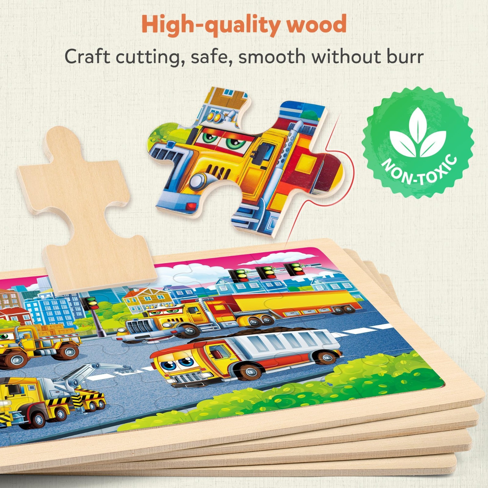 Large Wooden Monster Truck Puzzles for Toddlers 3-6, 24 Piece Construction Toys