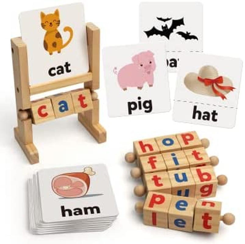 Wooden Reading Blocks Short Vowel Rods Spelling Games, Flash Cards Turning Rotat