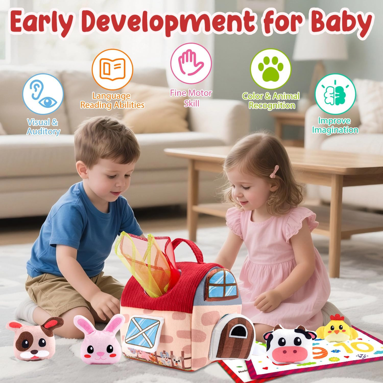 Baby Toys 6-12 Months, 11PCS Surprise Barn Toy with Stuffed Farm Animals, Rattle