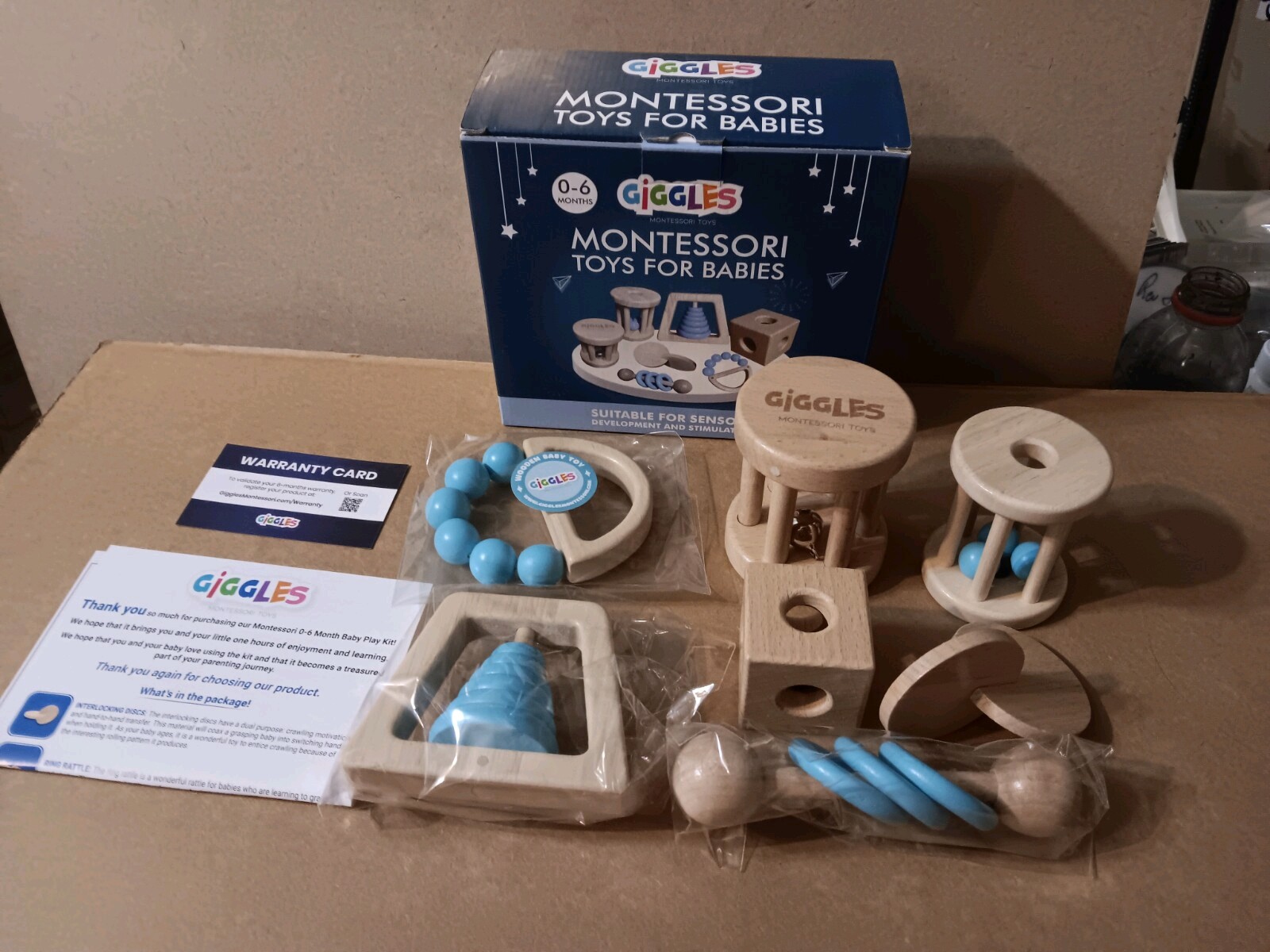 2) Giggles PINK & BLUE Wooden Montessori Toys For Babies 0-6 Months (7 Toys) NEW