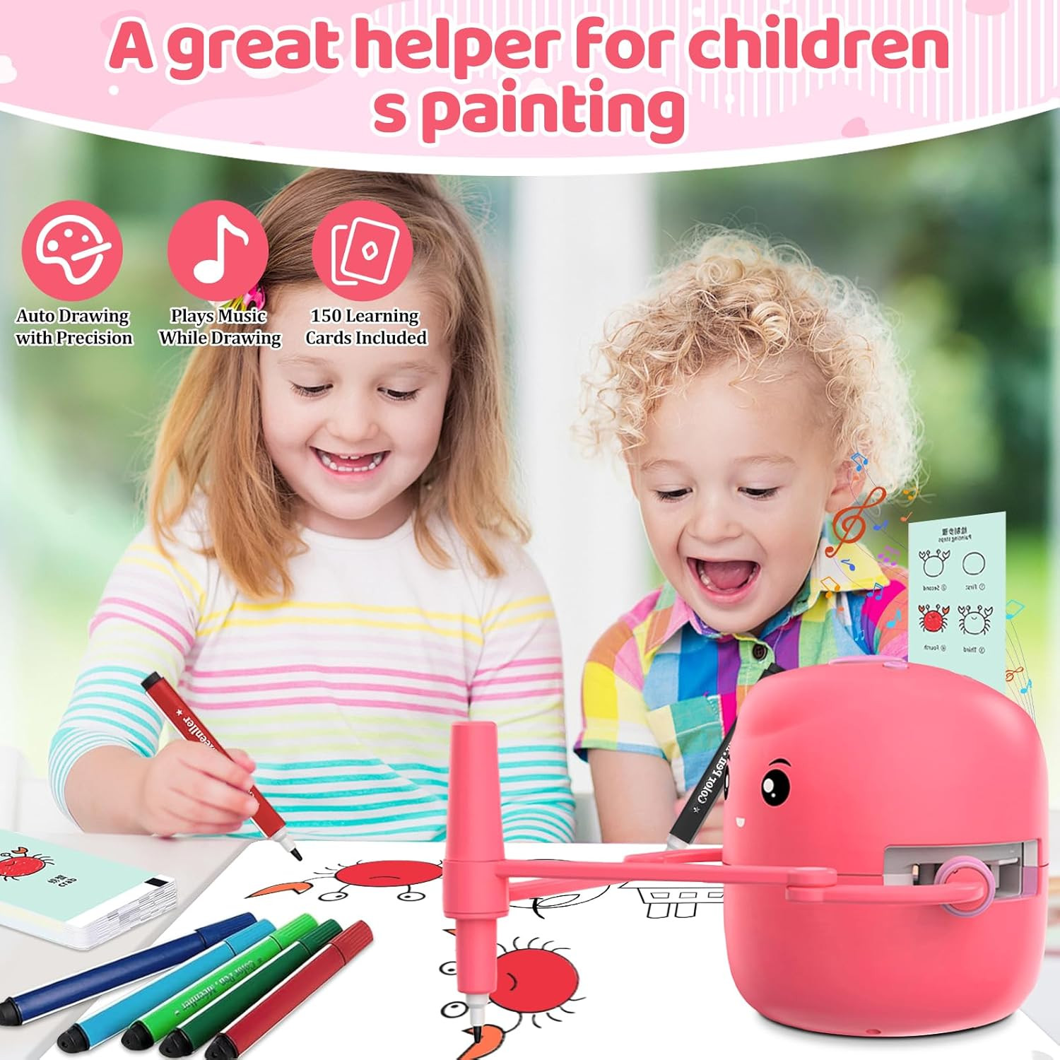 Drawing Robot for Kids with 150 Learning Cards and 17 Colorful Pens, Voice Inter