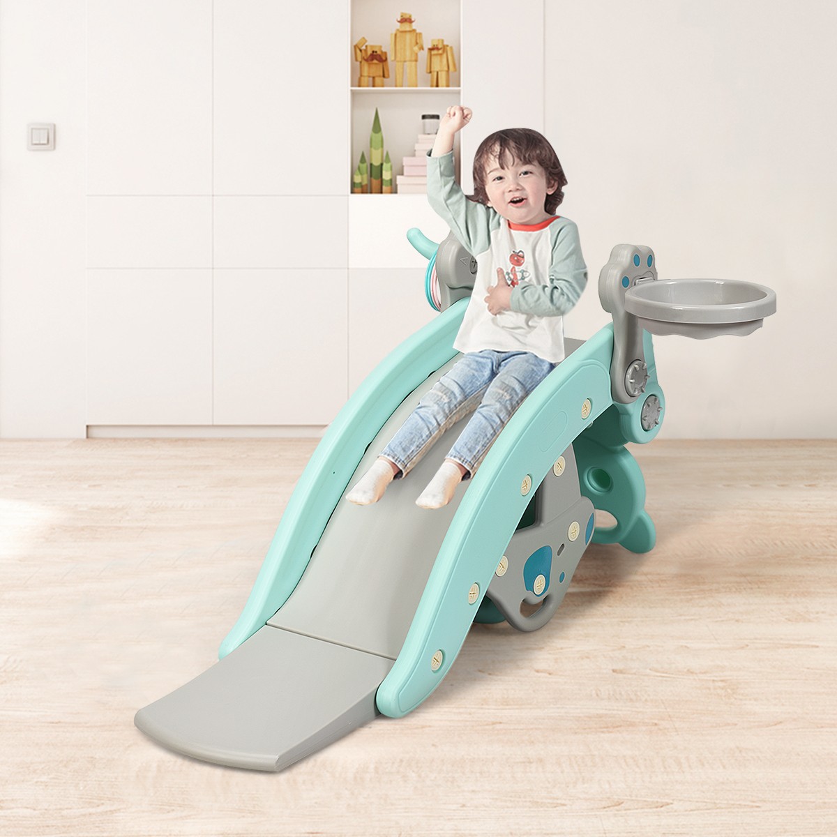 Baby Rocking Horse Slide Set 4-in-1 Kids Swing Toys w/ Basketball Hoop Ferrule