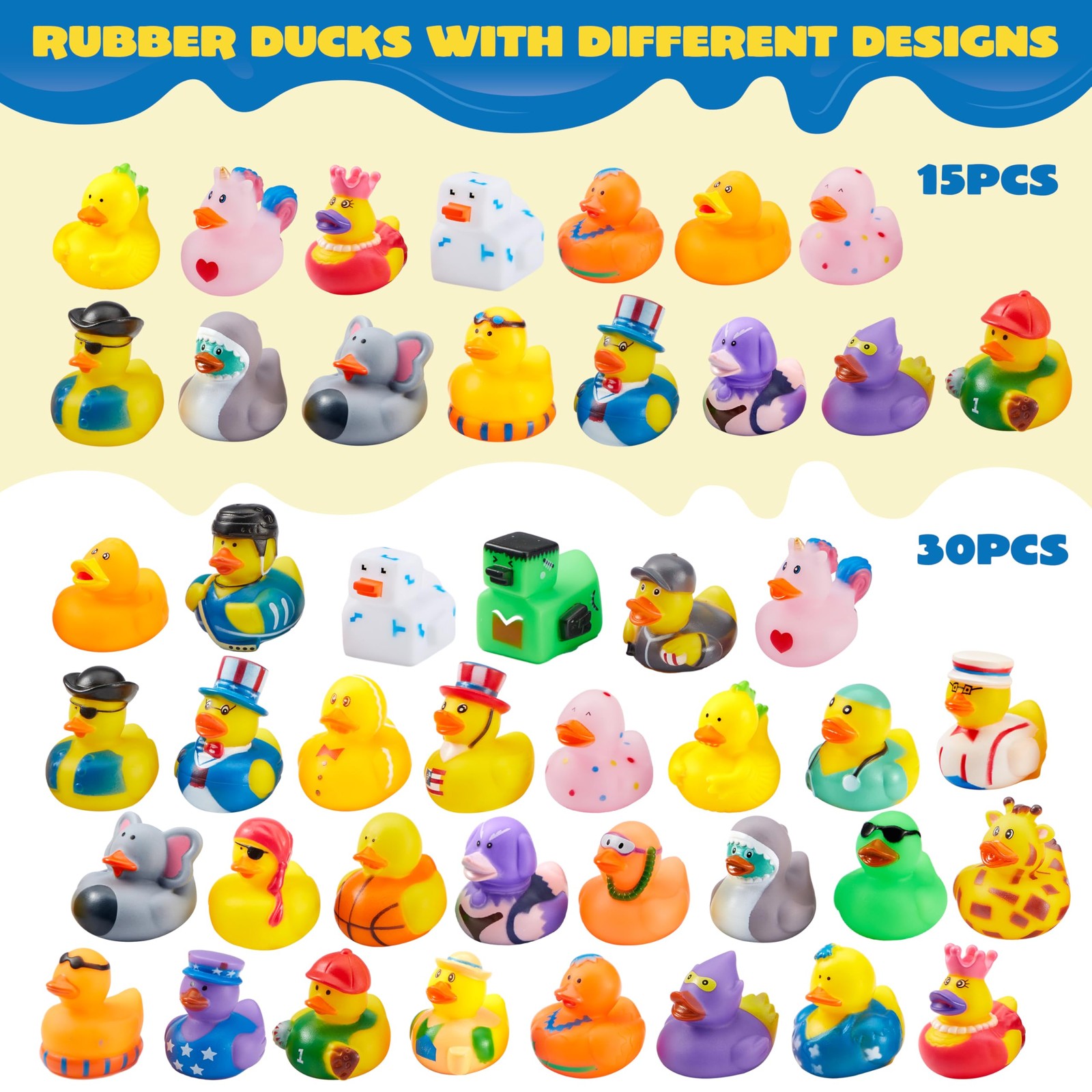 15 Pcs Rubber Ducks, Random Assortment Ducks Bulk with Mesh Carry Bag