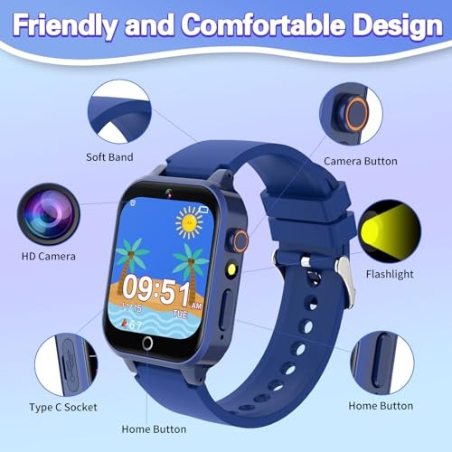 Smart Watch for Kids with 39 Puzzle Games HD Camera MP3 Player Audiobook Blue
