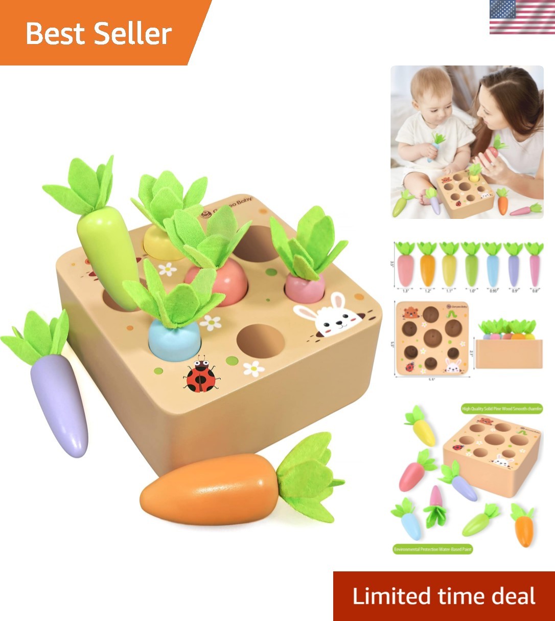 Montessori Toys for 2 3 Old Toddlers, Macron Carrot Harvest Game Wooden Toys…