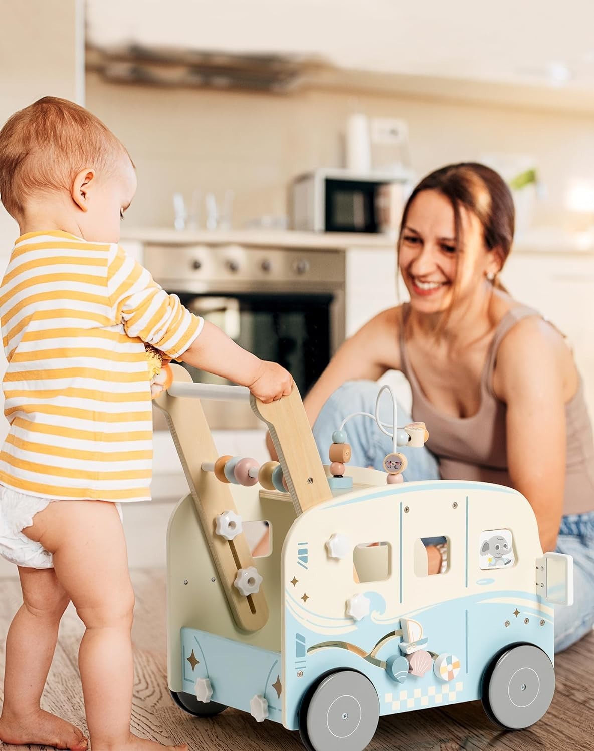 Robud Baby Push Walker Wooden Furniture Multi-Functional Toy Vacaction Bus
