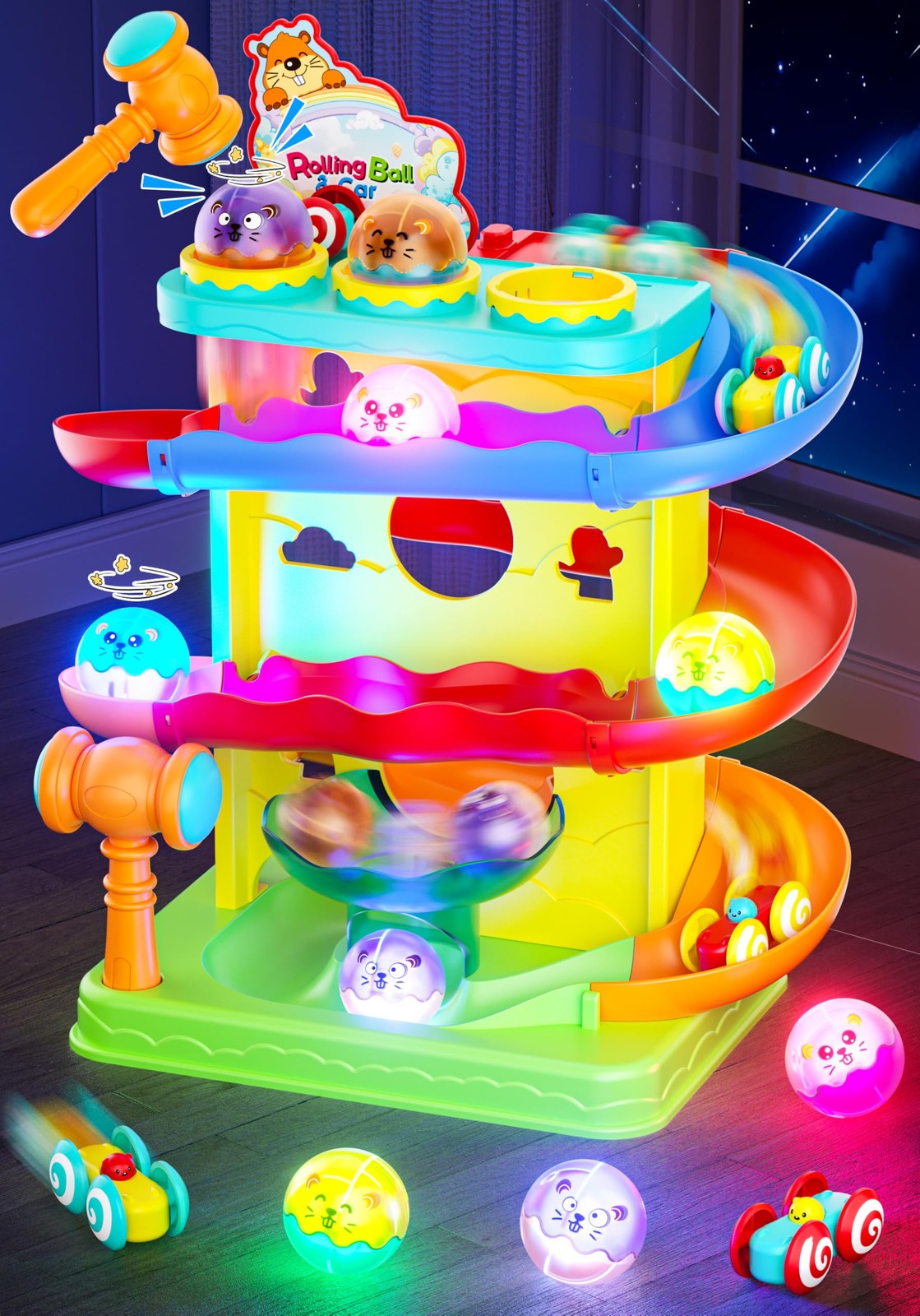 2-in-1 Light Up Rolling Ball & Racing Car Ramp Toddler Toy, Race Track Hammer…