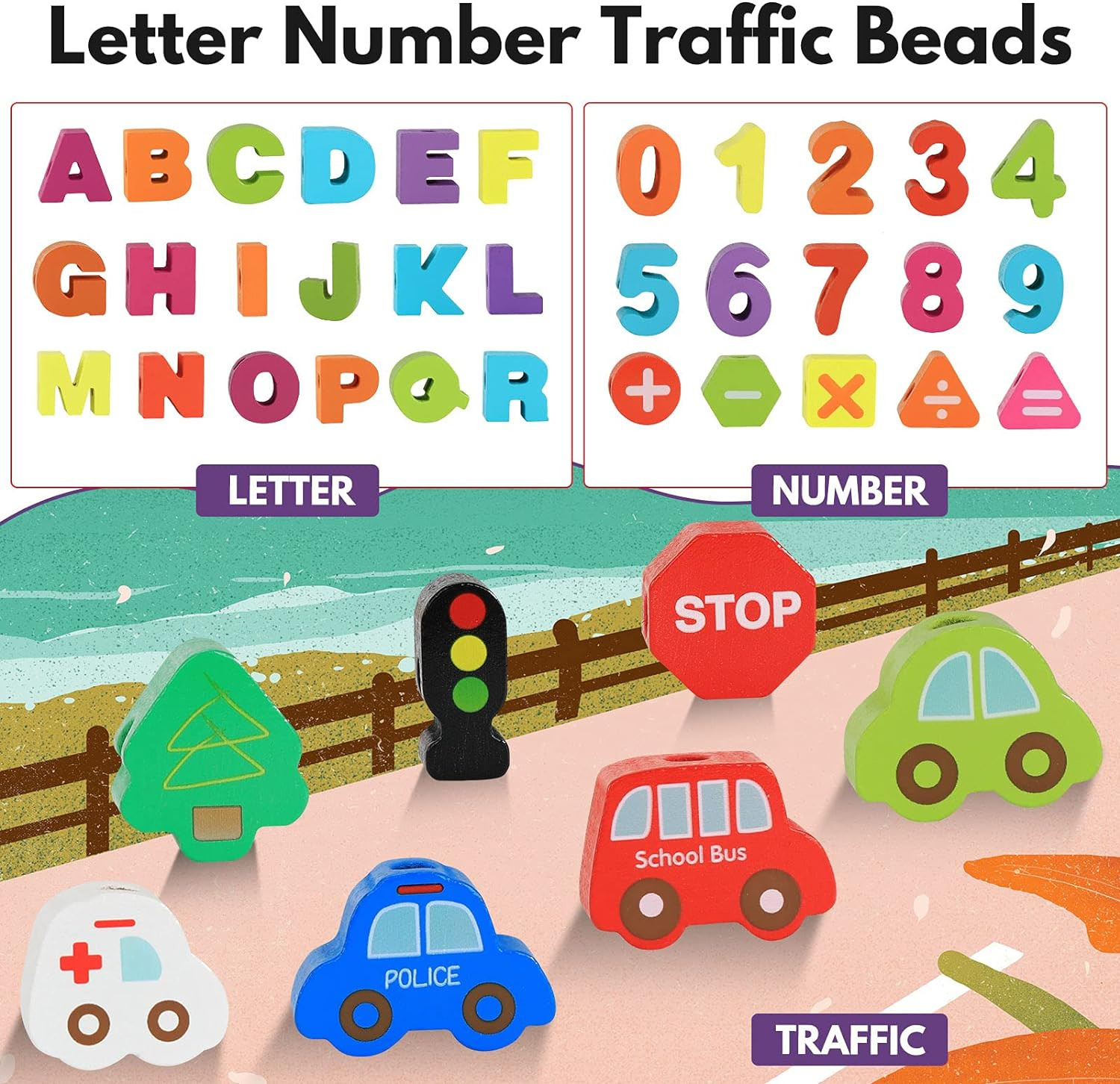 Wooden Lacing Toy Alphabet Number Threading Beads for Boys Girls Age 3 4 5 6 Mon