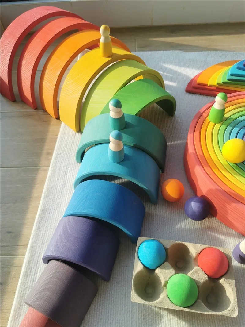 Wooden Rainbow Arch Stacking Blocks Montessori Sorting Peg Dolls Kids Toy