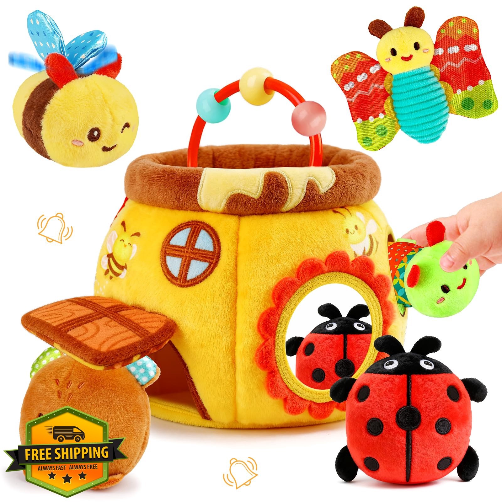 Baby Toys 6-12 Months – Soft Beehive with 5 Stuffed Animals, Rattle, Crinkle,…