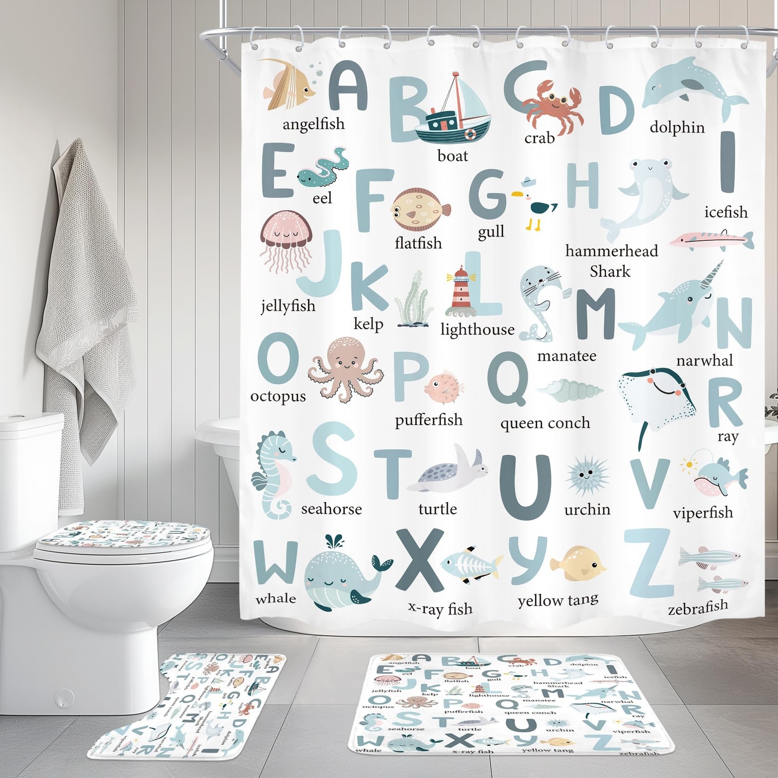 4Pcs Kids Shower Curtain Set, Cute Cartoon Alphabet ABC Sea Animal Blue Educa…