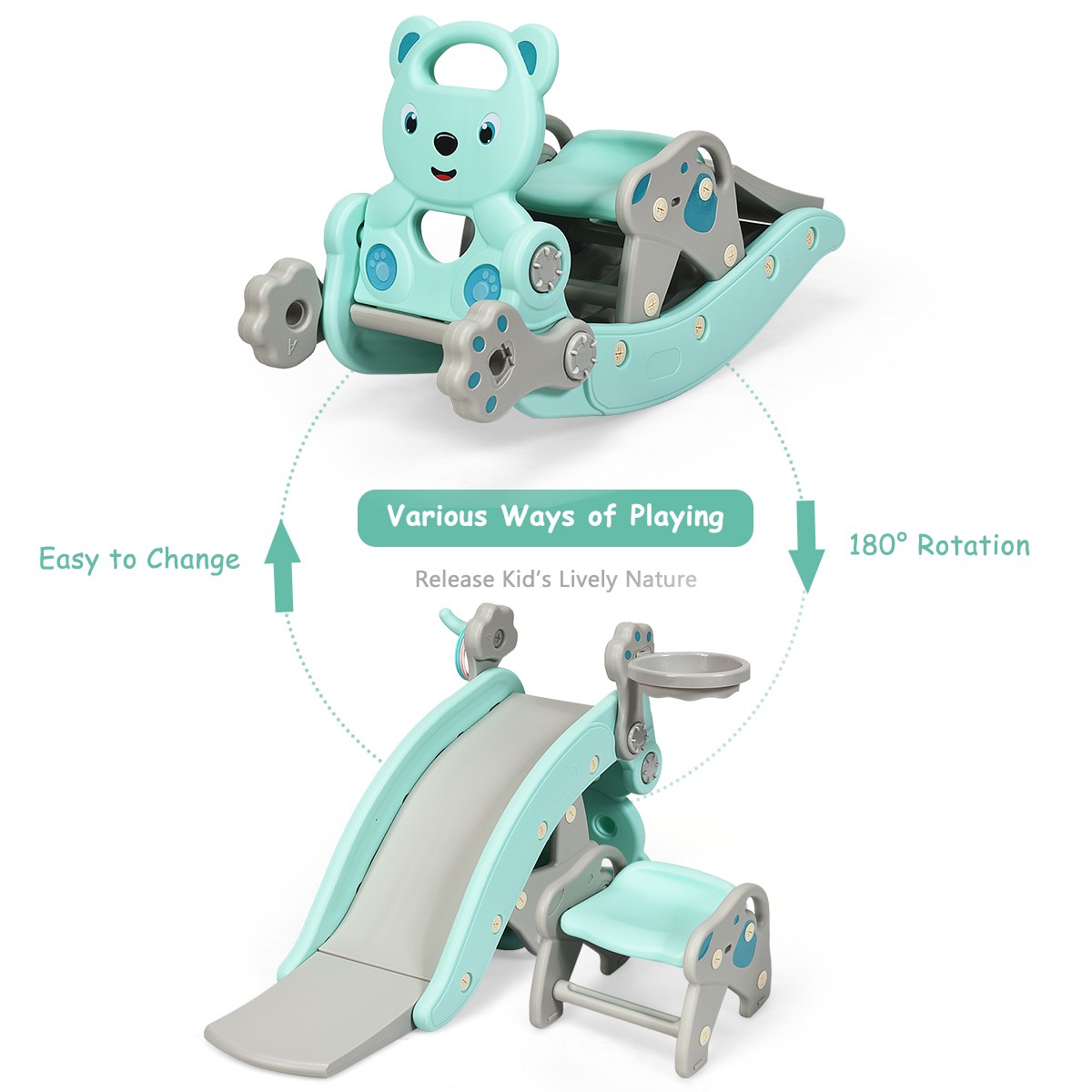 Baby Rocking Horse Slide Set 4-in-1 Kids Swing Toys w/ Basketball Hoop Ferrule