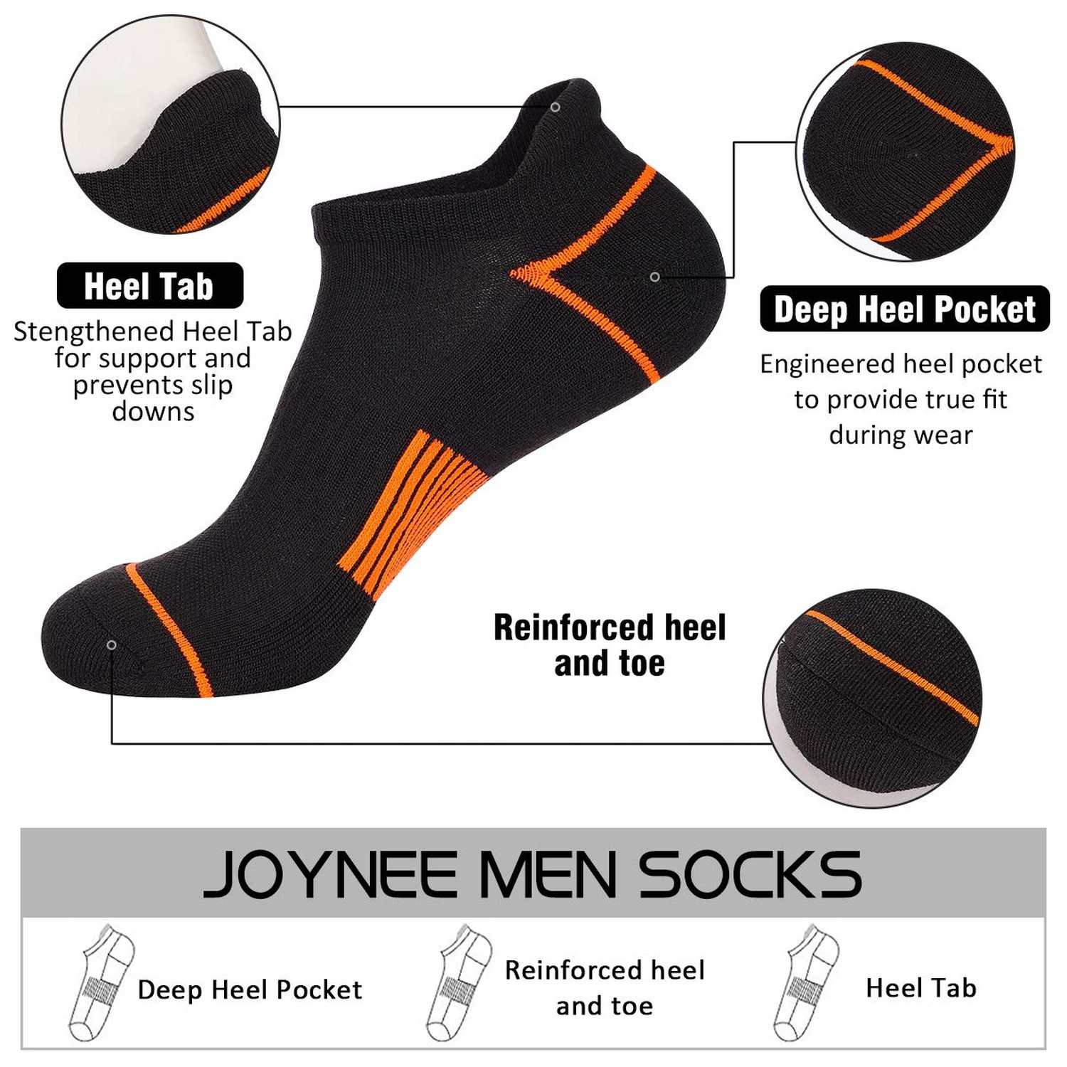 JOYNÉE Mens Athletic Low Cut Ankle Tab Socks 6 Pack Cushioned Breathable fo