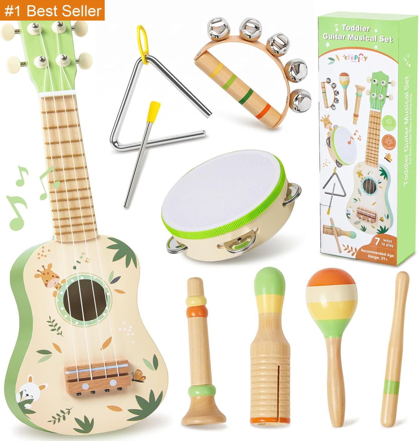 Toddler Guitar Set, 7-In-1 Wooden Baby Musical Instruments Band Includes 17″ Uku