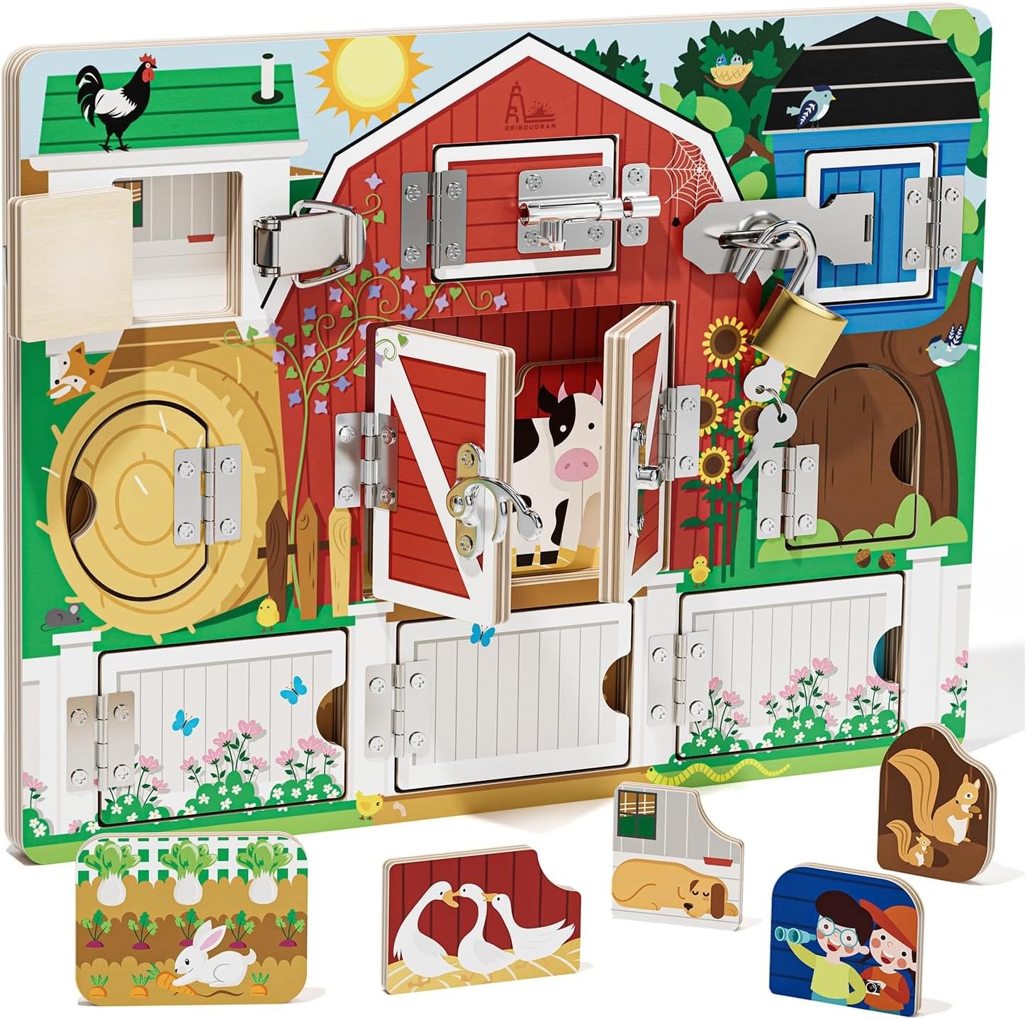 Interactive Montessori Farm Toy – Wooden Busy Board with 9 Puzzles for Toddlers