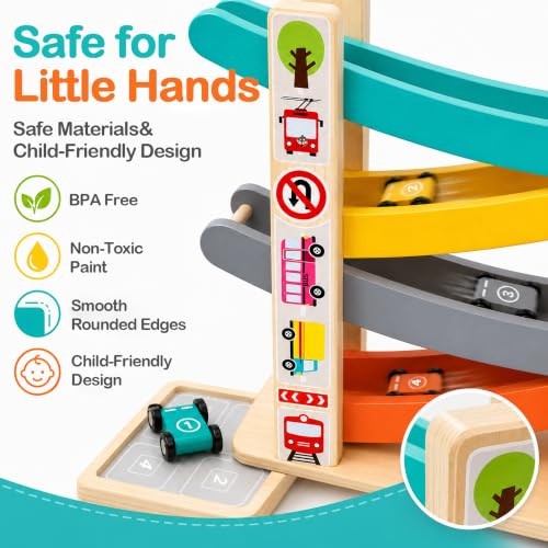 Montessori Toys for 1 Year Old Boy, Wooden Car Ramp Toy with 4 Cars & Parking