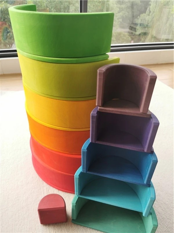 Wooden Rainbow Arch Stacking Blocks Montessori Sorting Peg Dolls Kids Toy