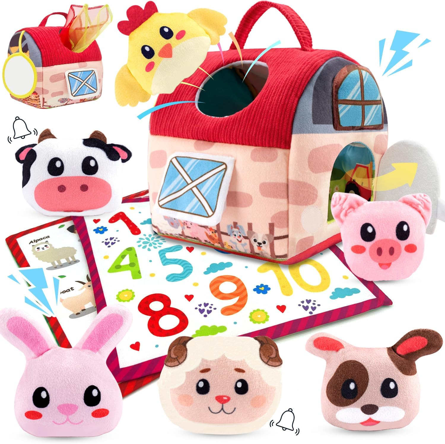 Baby Toys 6-12 Months, 11PCS Surprise Barn Toy with Stuffed Farm Animals, Rattle