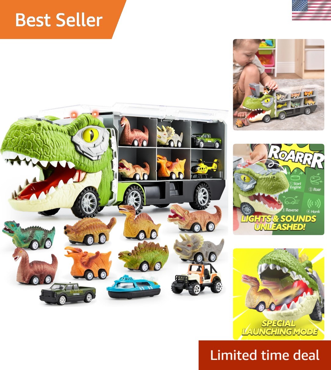 13 in 1 Dinosaur Toys for Kids 3-5, Dinosaur Truck with 12 Pull Back Cars