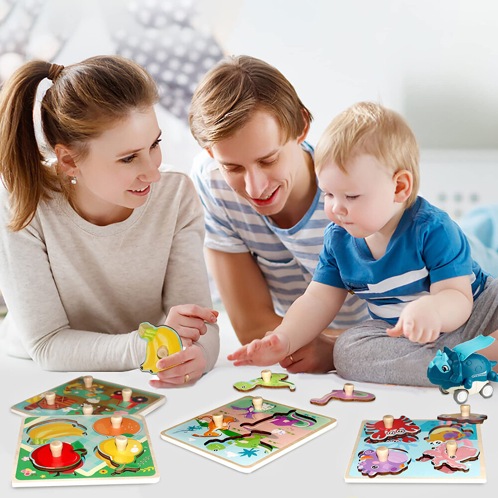 4 Pack Wooden Puzzles For Toddlers Baby Kids 1-3, Animals, Dinosaurs, Fruit