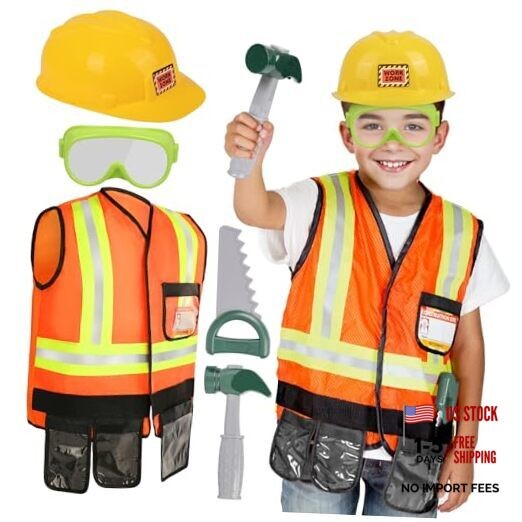 Kids Tool Set for Boys Girls 3-5 Years, Construction Worker Costume with Hat,