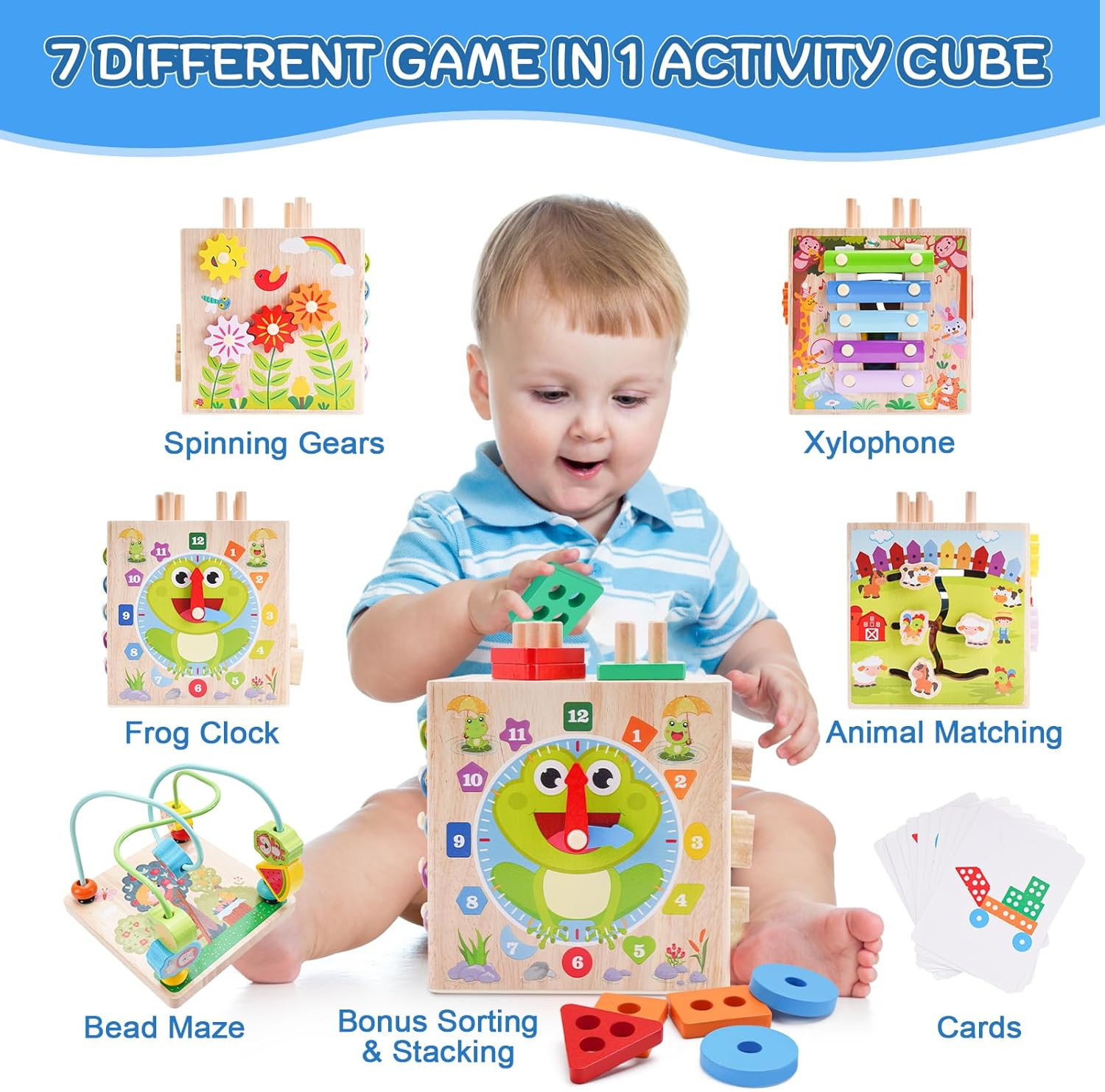 Wooden Activity Cube | Montessori Toys for 1 2 3 Year Old Toddlers | One Year Ol
