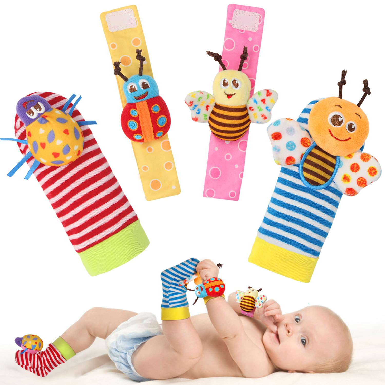 Wrist Rattle Socks and Foot Finder Set, Infant Girl Boy Toys for Babies 0-36 Mon
