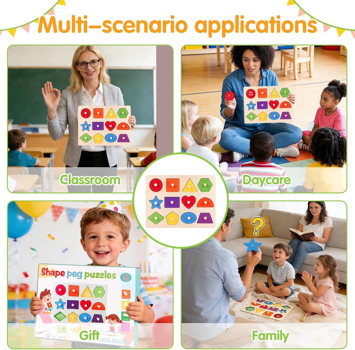 Montessori Wooden Peg Shape Puzzles for Toddlers 1-4, Sturdy Easy-Grip Education