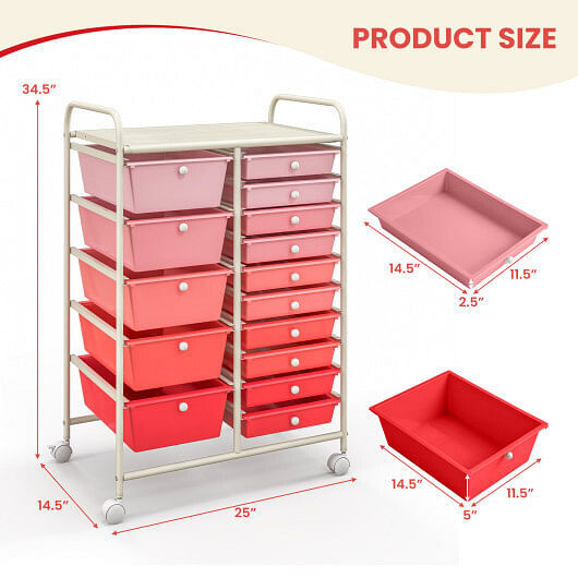 15-Drawer Utility Rolling Organizer Cart Multi-Use Storage-Gradient Pink – Color