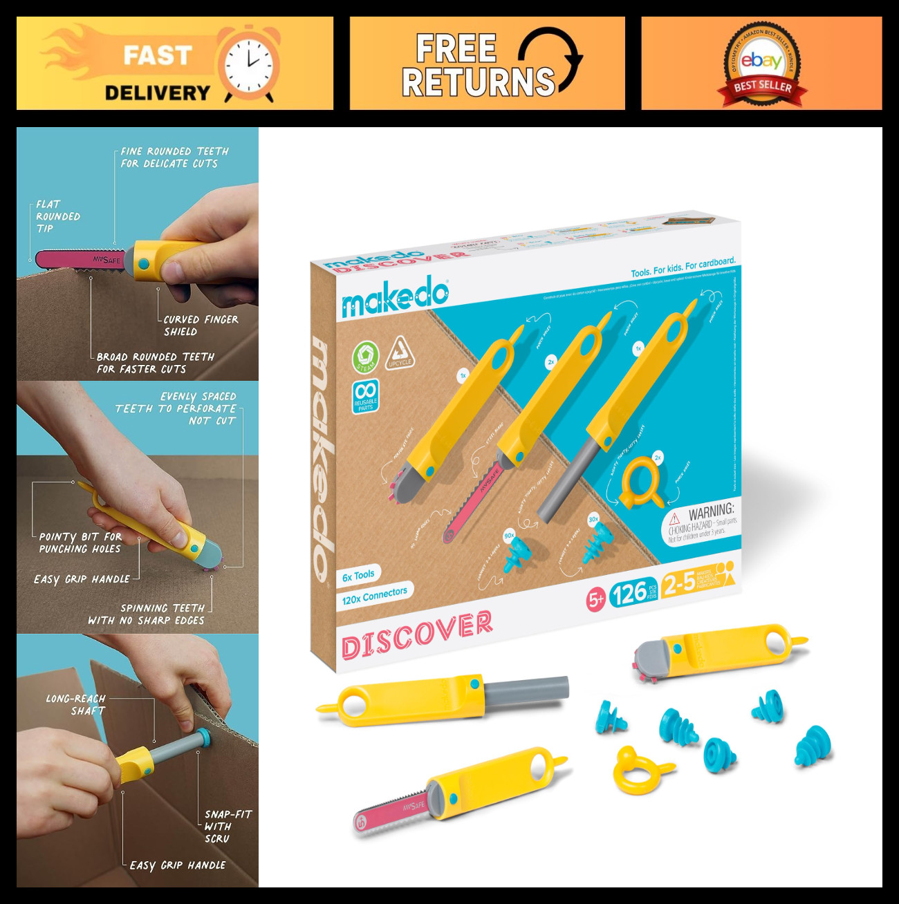 Upcycled Cardboard Construction Kit – 126 Pieces STEM/STEAM Toolbox for Kids 5+