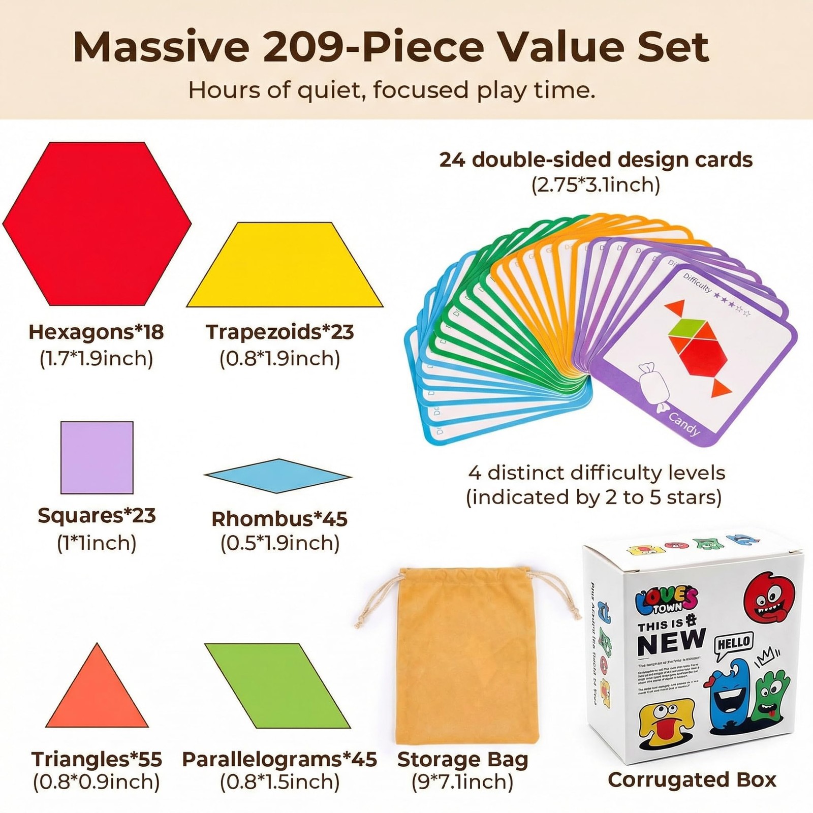 209 PCS Shapes Wooden Pattern Blocks for Kids, Geometric with Activity Cards …