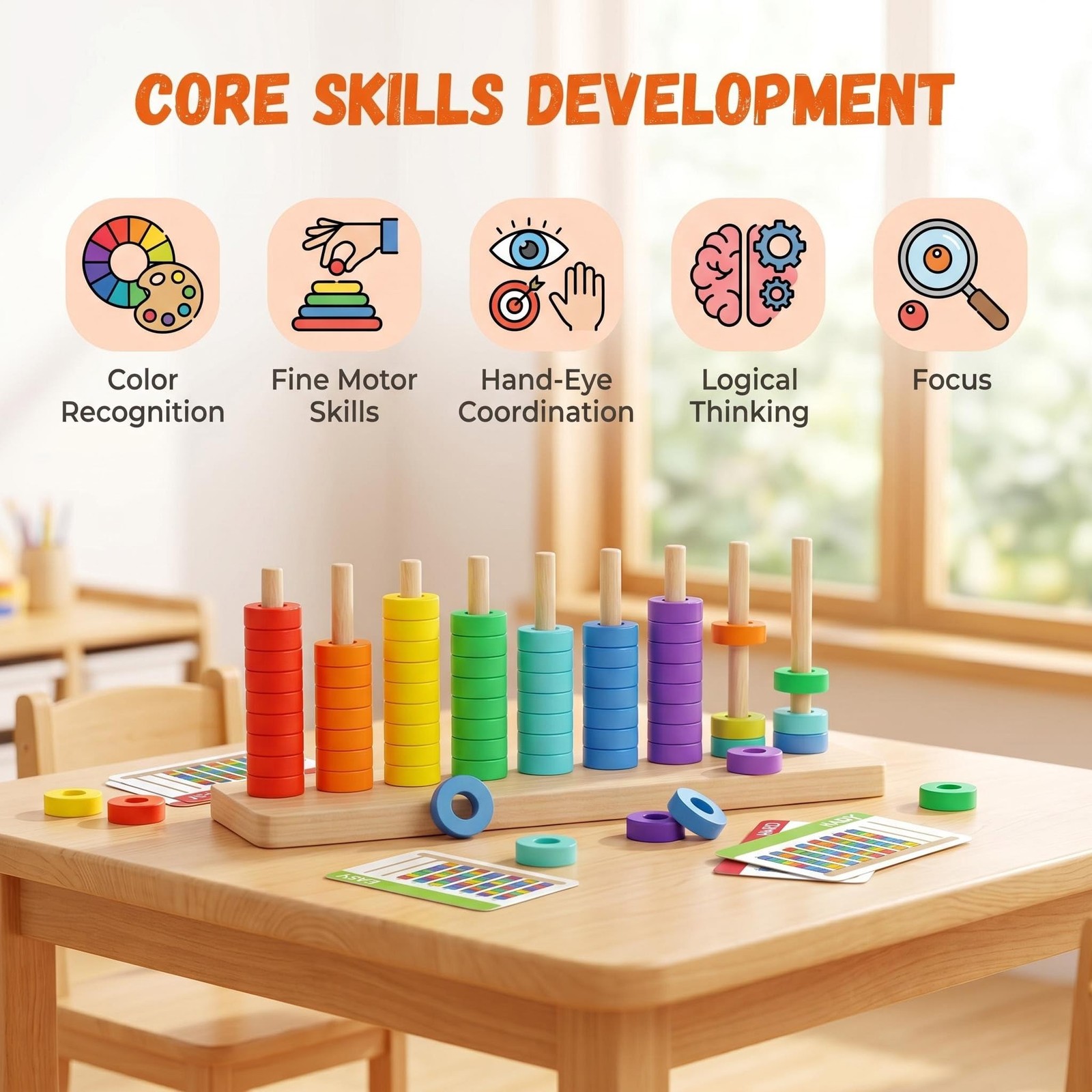 Color Sorting & Stacking Game with Challenge Cards for , Wooden Color Matchin…