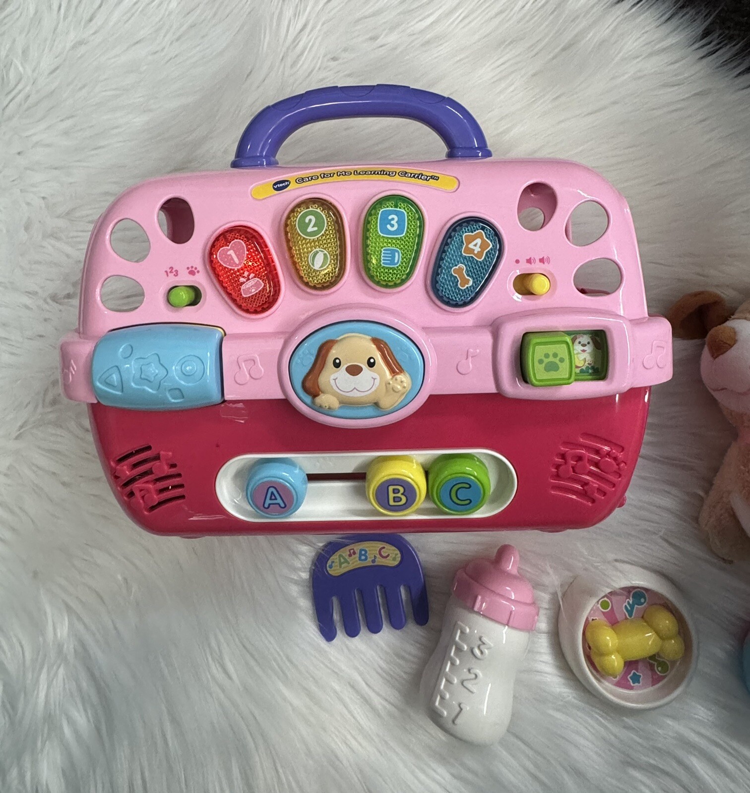 Vtech Care for Me Learning Puppy Carrier Toy Includes Accessories Works Pink Dog