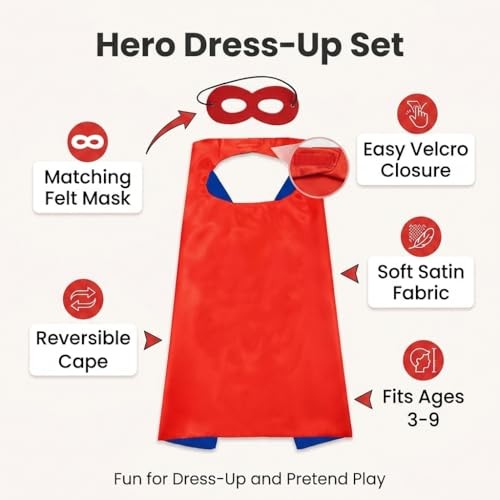 Superhero Cape and Mask for Kids, Toy for 3-9 Year Old Boys Girls Halloween Red