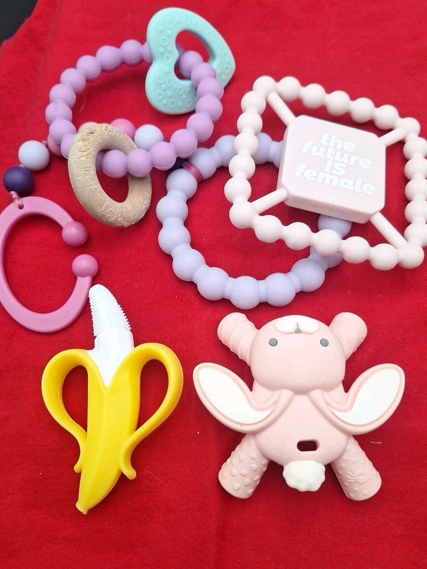 Lot Of 5 Five Baby-Infant Teether Toys & One Pacifier Holder Colorful